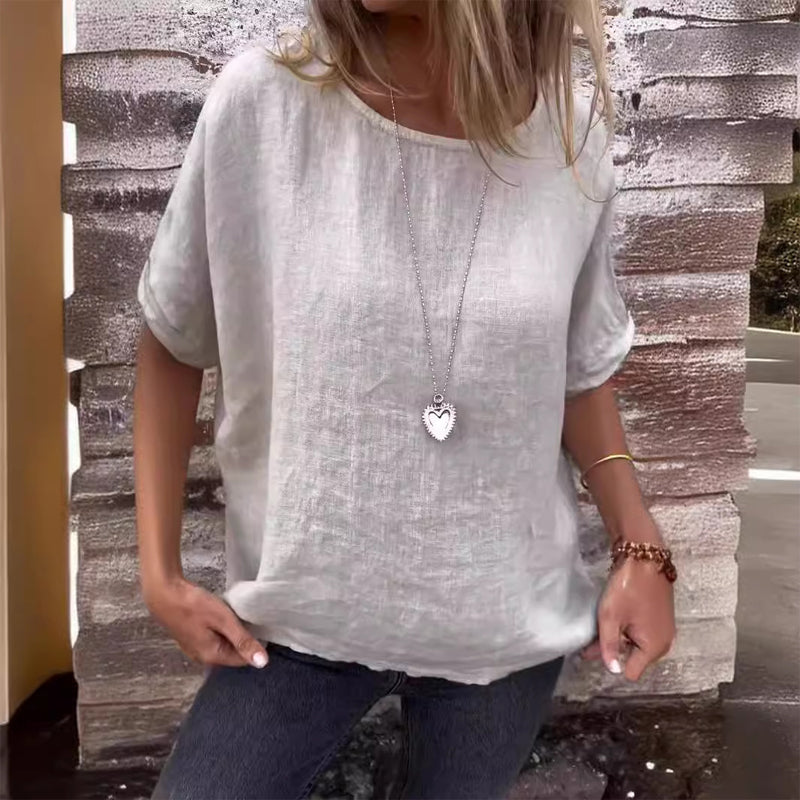 Camicia donna tinta unita a girocollo in cotone e lino