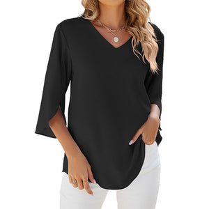 Camicia in chiffon tinta unita con scollo a V e maniche a mezza lunghezza